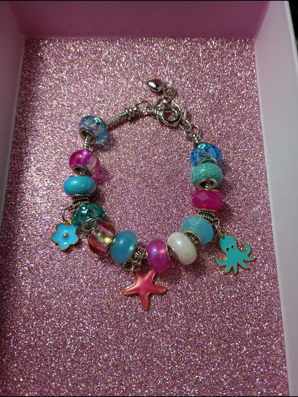 Pandora Style Blue & Pink Beaded Charm Bracelet with Ocean Charms